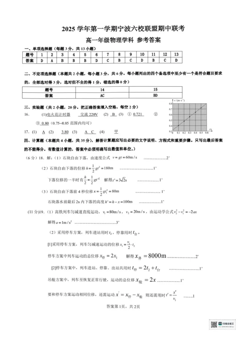 浙江省宁波六校2025-2026学年高一上学期11月期中联考物理试题含答案_2025年11月高一试卷_251110河浙江宁波六校联盟2025学年第一学期高一期中联考（全）