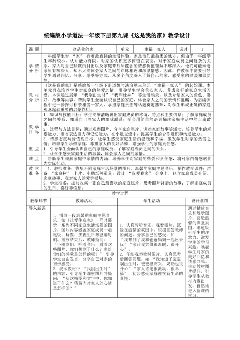 第9课《这是我的家》教学设计_A493小学道法_人教版小学道德与法治教学资源包_人教版小学道德与法治（新教材123年级）(2025秋新版)_1年级下册（25春）_教学设计