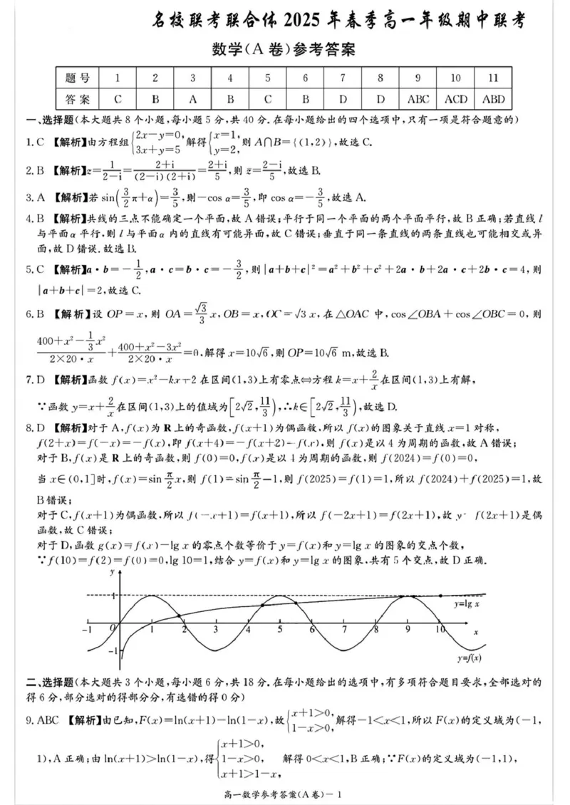 湖南省名校联合体2024～2025学年高一下学期期中考试数学(A卷)参考答案_2025年04月试卷_0422湖南省名校联考联合体2024-2025学年高一下学期期中考试