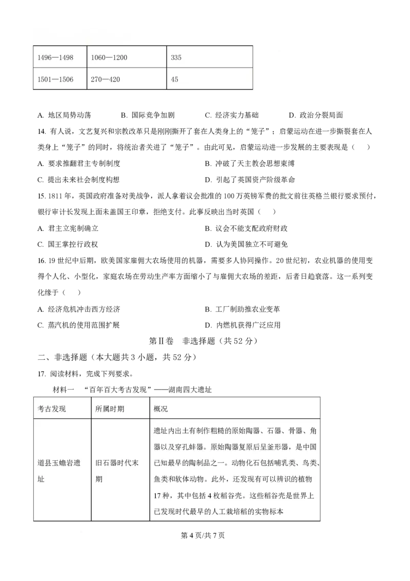 湖南省长沙市第一中学2024-2025学年高一下学期期中考试历史试题（原卷版）_2025年05月试卷_0530湖南省长沙市第一中学2024-2025学年高一下学期期中考试