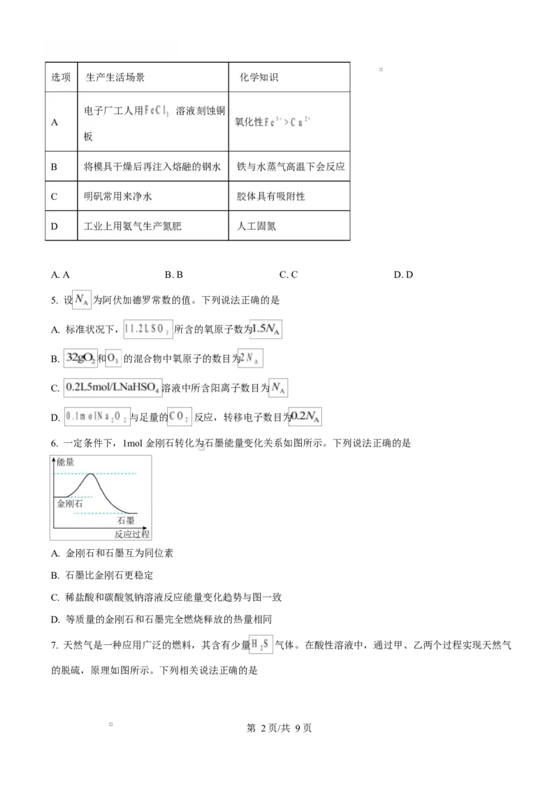 湖北省鄂北六校2024-2025学年高一下学期期中联考化学试题（原卷版）_2025年04月试卷_0426湖北省鄂北六校2024-2025学年高一下学期期中联考