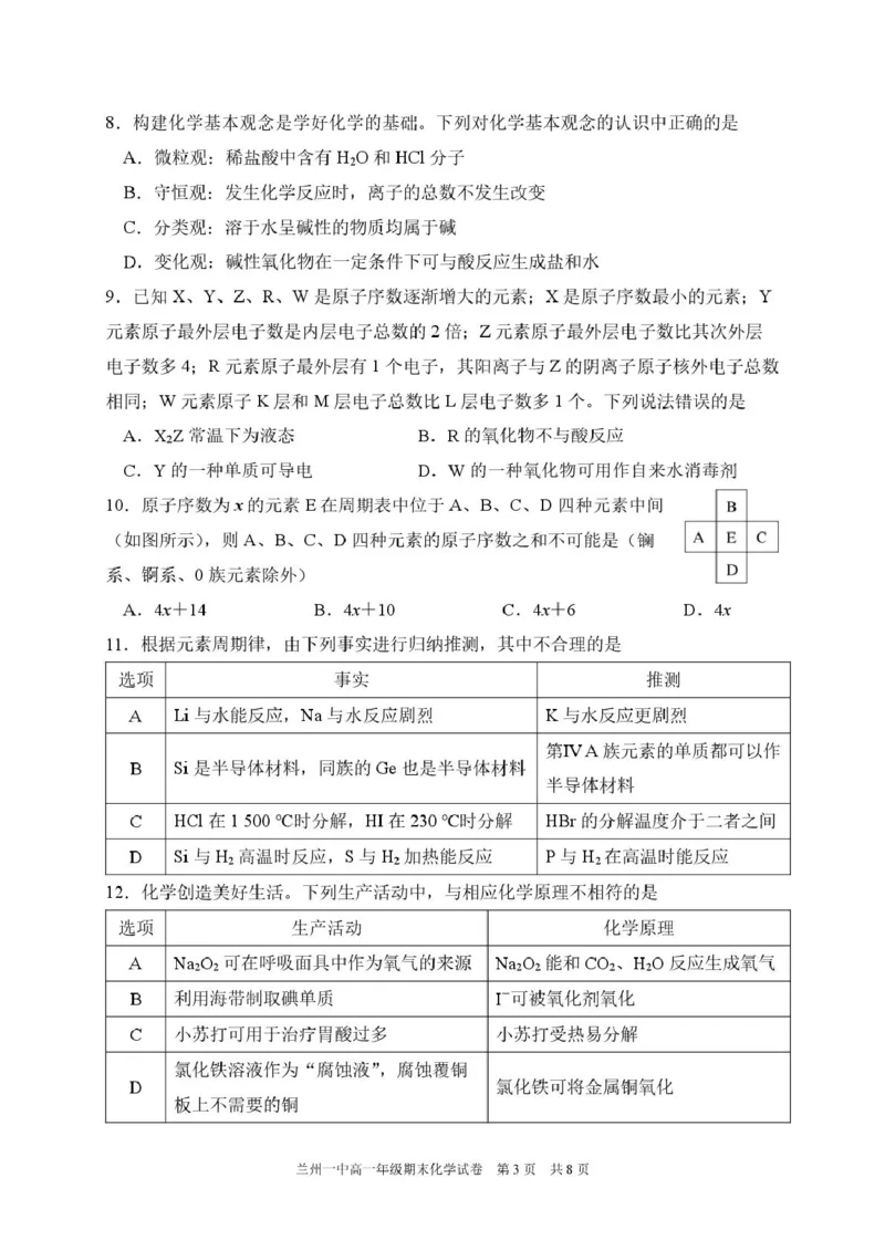 甘肃省兰州第一中学2024-2025学年高一上学期1月期末考试化学试卷（图片版）_2025年02月试卷_0210甘肃省兰州第一中学2024-2025学年高一上学期1月期末考试
