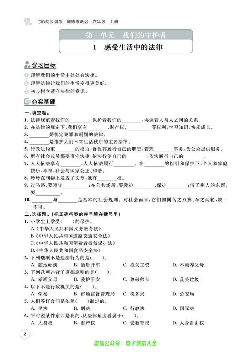 道法6a_A493小学道法_人教版小学道德与法治教学资源包_小学道法（预习复习资料大礼包）_《七彩同步训练》