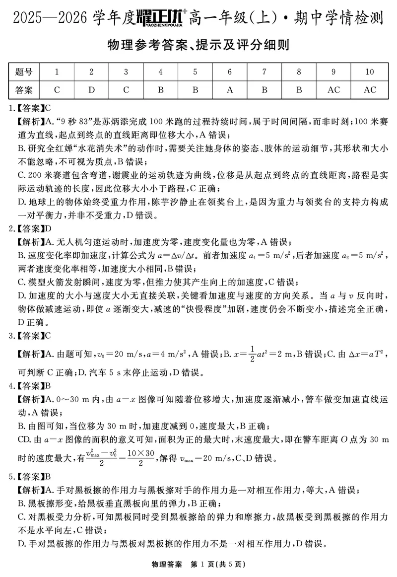 物理答案_2025年11月高一试卷_251127安徽省2025-2026学年度&ldquo;耀正优+&rdquo;高一年级（上）期中学情检测（全）_&ldquo;耀正优+&rdquo;高一期中答案（2025.11.20-21）