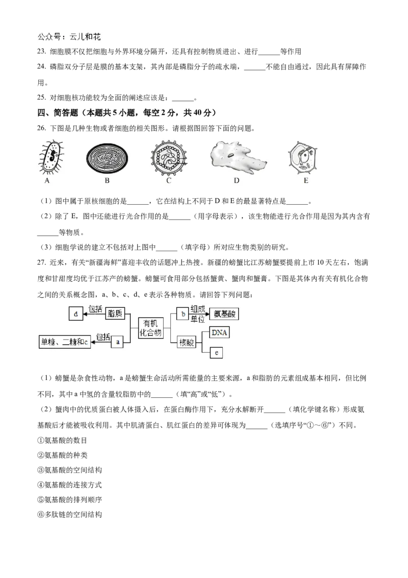 湖南省长沙市天心区长沙市长郡中学2024-2025学年高一上学期11月期中考试生物试题Word版无答案_2024年11月试卷_1108湖南省长沙市长郡中学2024-2025学年高一上学期期中考试