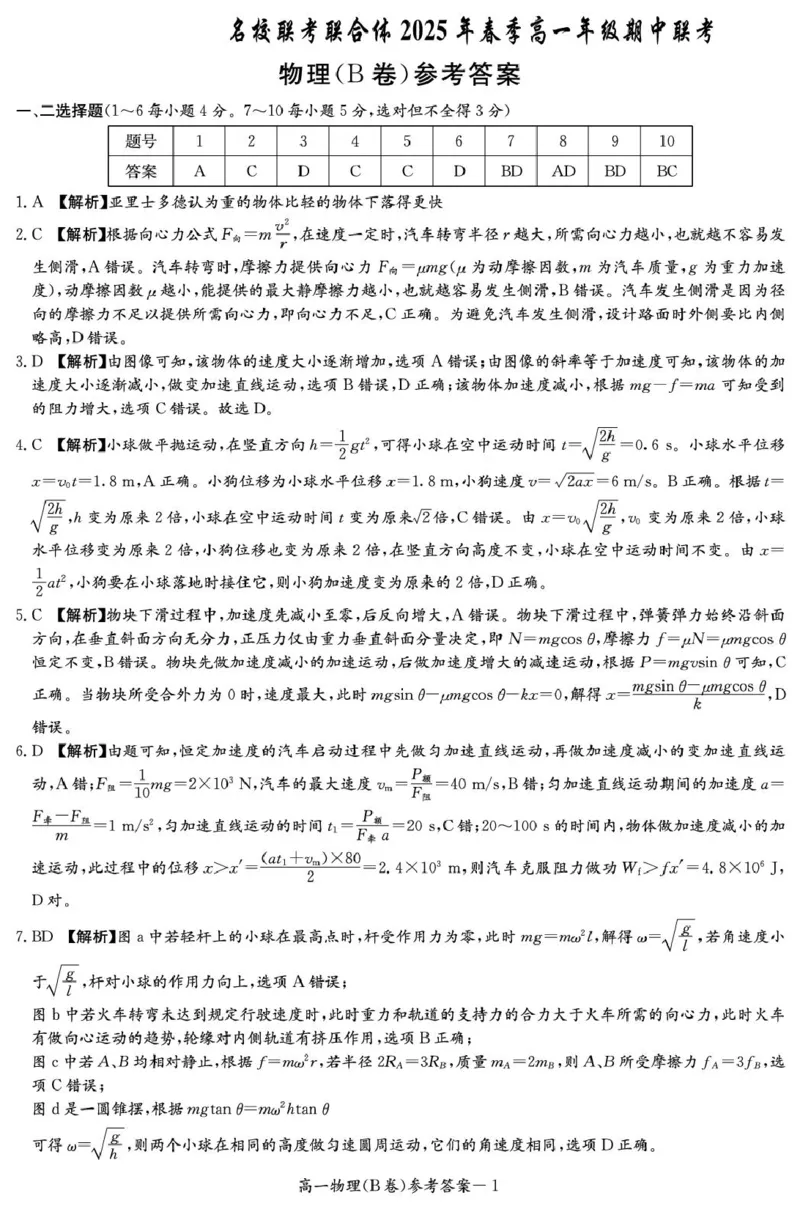 物理B答案（高一4月期中）_2025年04月试卷_0422湖南省名校联考联合体2024-2025学年高一下学期期中考试_湖南省名校联考联合体2024-2025学年高一下学期期中考试物理试题扫描版含解析