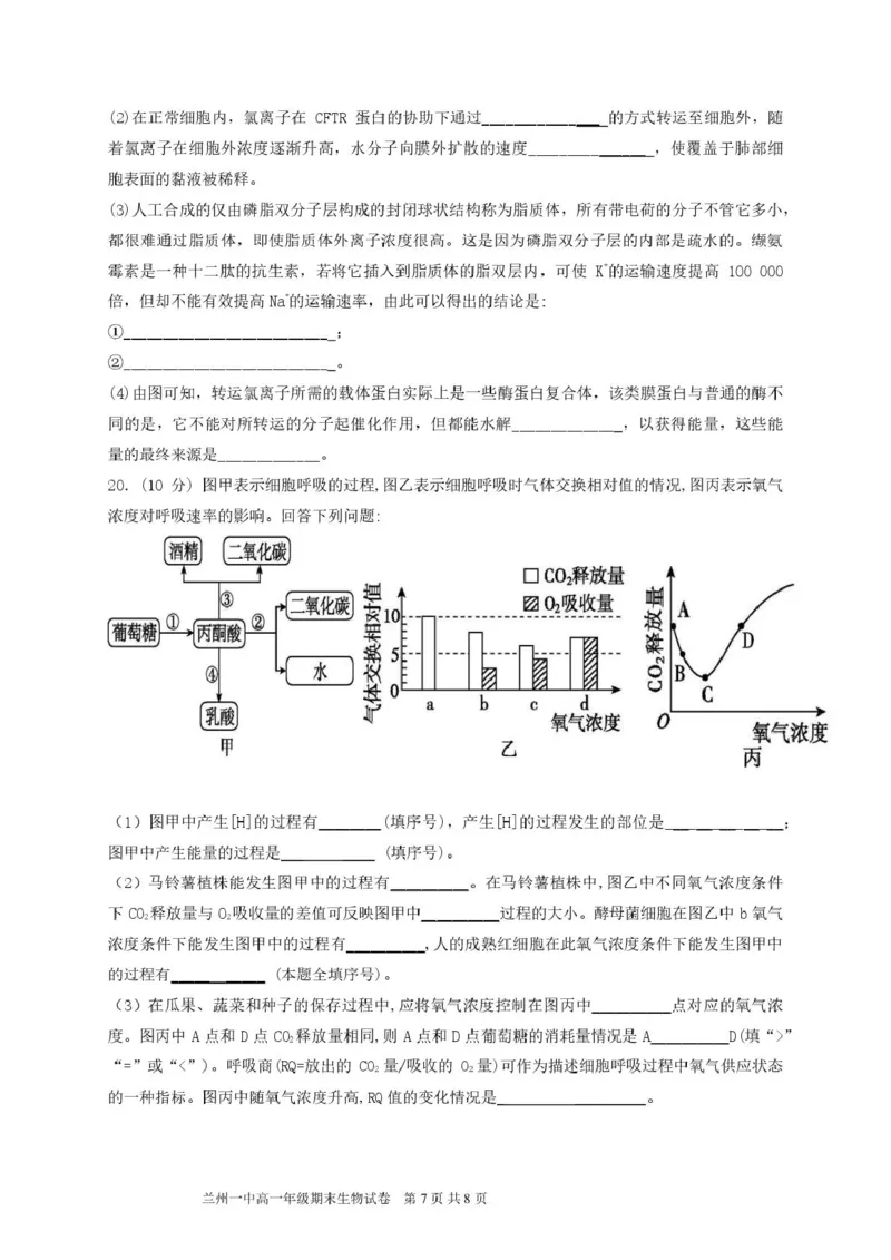 甘肃省兰州第一中学2024-2025学年高一上学期1月期末考试生物试卷（图片版）_2025年02月试卷_0210甘肃省兰州第一中学2024-2025学年高一上学期1月期末考试