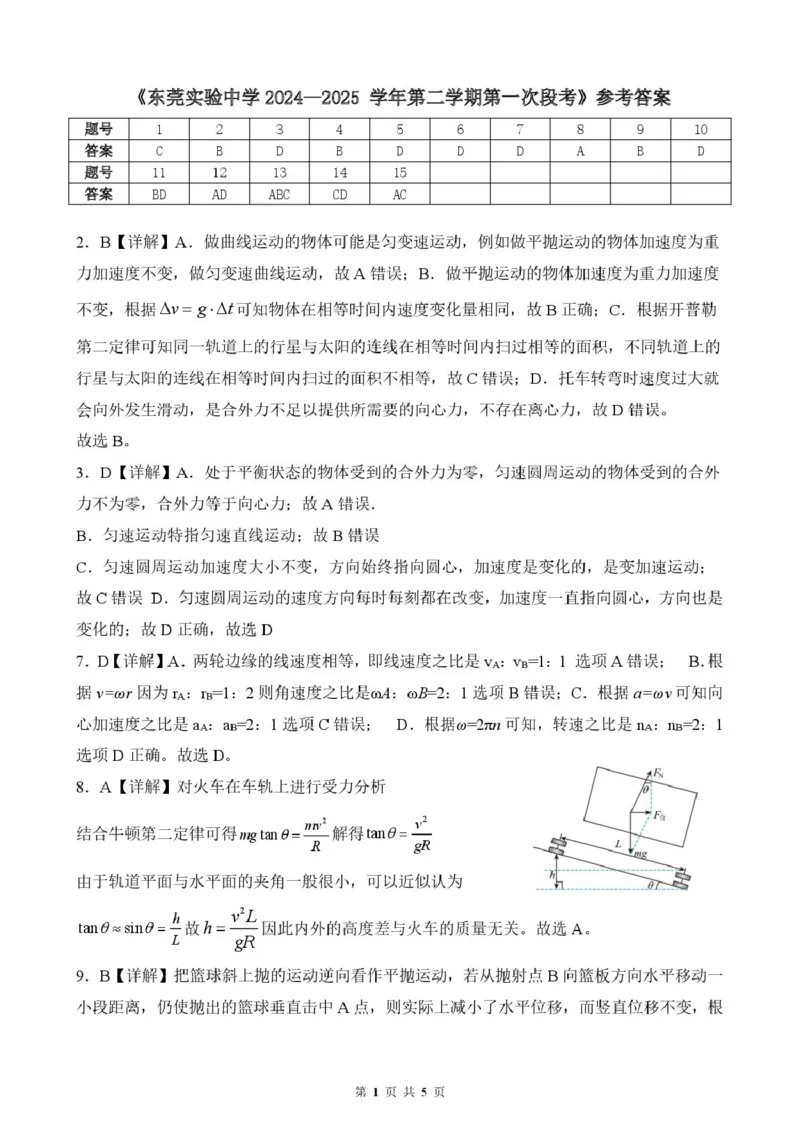 物理答案_2025年04月试卷_0411广东省东莞市实验中学2024-2025学年高一下学期3月月考_广东省东莞市东莞实验中学2024-2025学年高一下学期3月月考物理试题（PDF版，含解析）
