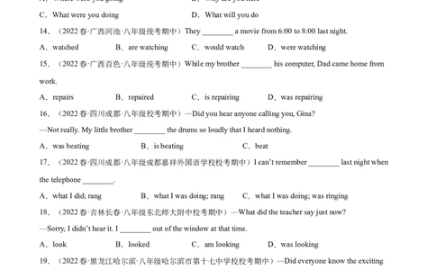 专题13重点语法：过去进行时-八年级英语下（人教版）（学生版）_最新人教版英语八年级下册_旧版（有参考价值）_版本二_八年级英语下册（人教版）_期中+期末