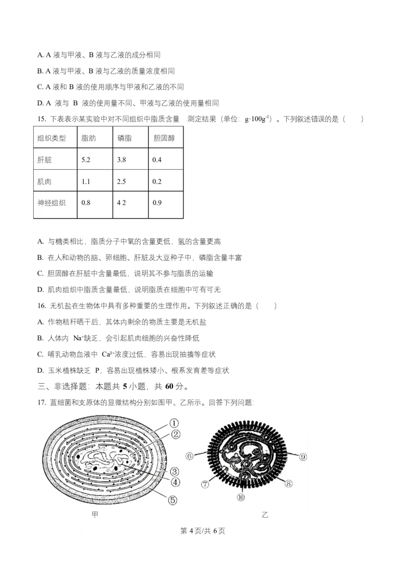 湖南省多校联考2025-2026学年高一上学期10月月考生物试题（原卷版）_2025年10月高一试卷_251028湖南省多校联考2025-2026学年高一上学期10月月考
