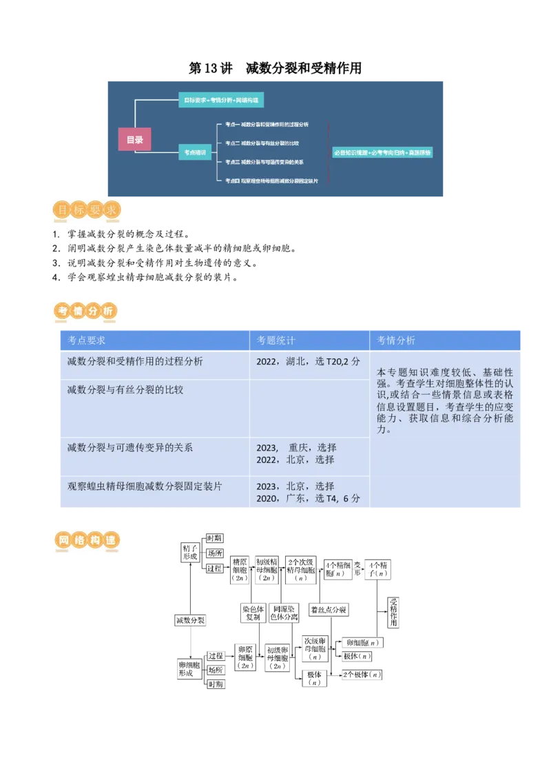 第13讲减数分裂和受精作用（讲义）（学生版）_新高考复习资料_2024年新高考复习资料_一轮复习资料_完2024年高考生物一轮复习讲练测(课件+讲义+练习)（新高考）_讲义+练习