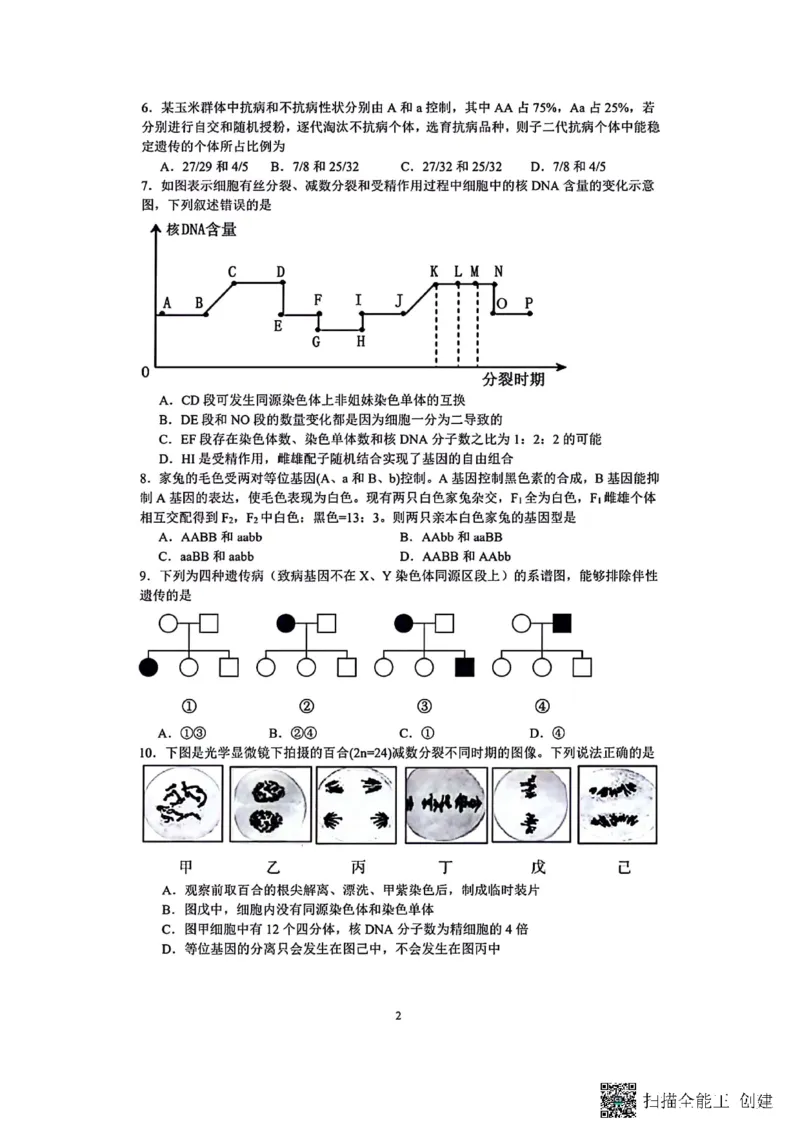 生物-辽宁沈阳二中2025-2026学年高一下学期4月月考_2026年04月高一试卷_260417辽宁沈阳二中2025-2026学年高一下学期4月月考