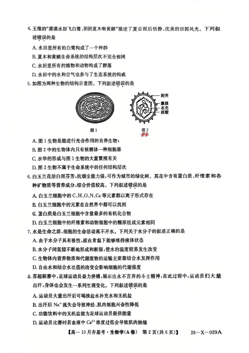 生物2025-2026学年高一10月夯基考_2025年10月高一试卷_251022山西省三晋卓越联盟2025-2026学年高一10月夯基考（全）_山西省三晋卓越联盟2025-2026学年高一10月夯基考生物试题含答案
