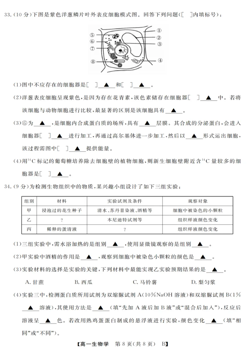 生物试卷_2025年10月高一试卷_251023浙江省强基联盟2025-2026学年高一上学期10月联考B卷（全）_浙江省强基联盟2025-2026学年高一上学期10月联考B卷生物PDF版含解析