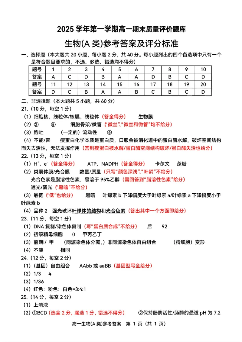 生物A答案_2026年02月高一试卷_260208浙江省温州市2025-2026学年高一上学期期末（A卷+B卷）（全）_浙江省温州市2025-2026学年高一上学期期末试题A卷