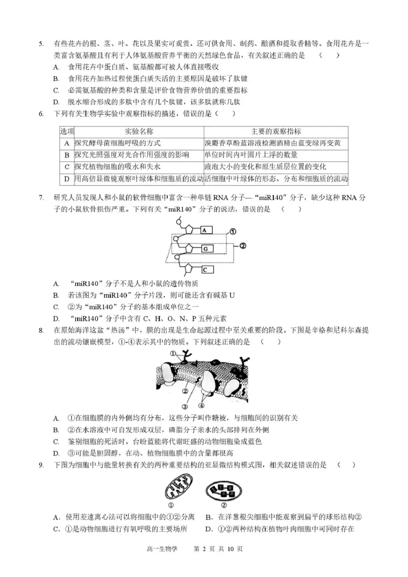 生物高一生物学_2026年01月高一试卷_260118黑龙江省哈尔滨市2025-2026学年高一上学期期末学业质量检测（全）