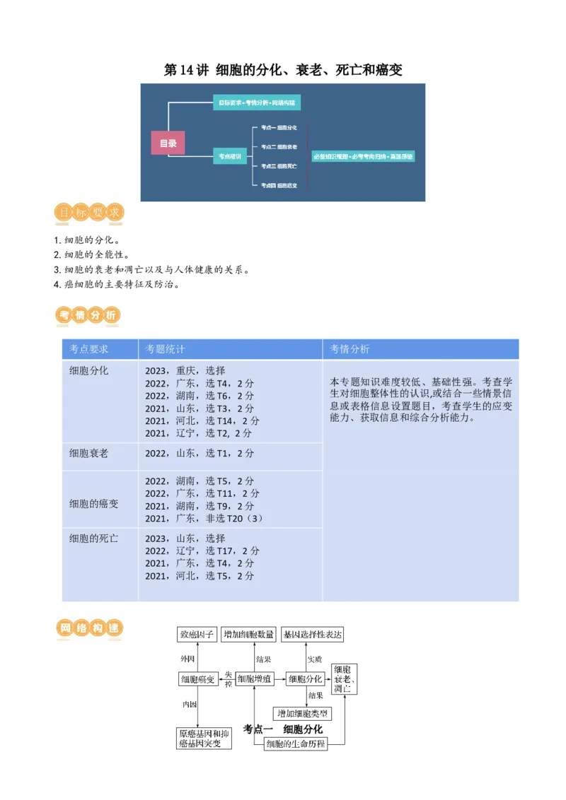 第14讲细胞的分化、衰老、死亡和癌变（讲义）（学生版）_新高考复习资料_2024年新高考复习资料_一轮复习资料_完2024年高考生物一轮复习讲练测(课件+讲义+练习)（新高考）_讲义+练习