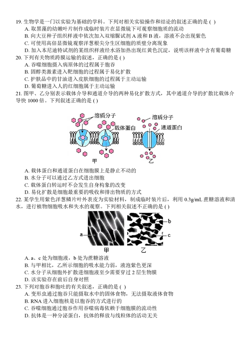 生物试题_2024年11月试卷_1126浙江省北斗联盟2024-2025学年高一期中联考_浙江省杭州市北斗联盟2024-2025学年高一上学期期中联考生物试题