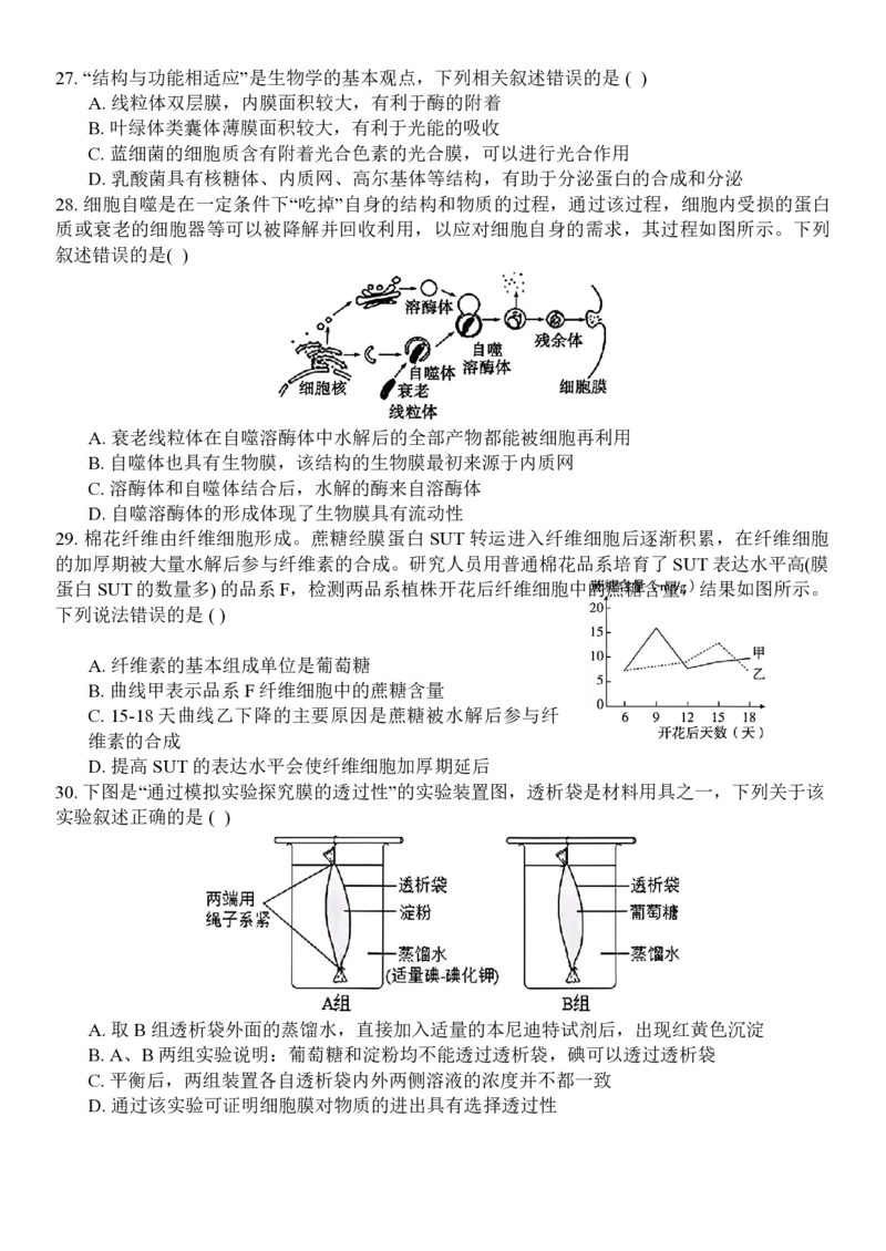 生物试题_2024年11月试卷_1126浙江省北斗联盟2024-2025学年高一期中联考_浙江省杭州市北斗联盟2024-2025学年高一上学期期中联考生物试题