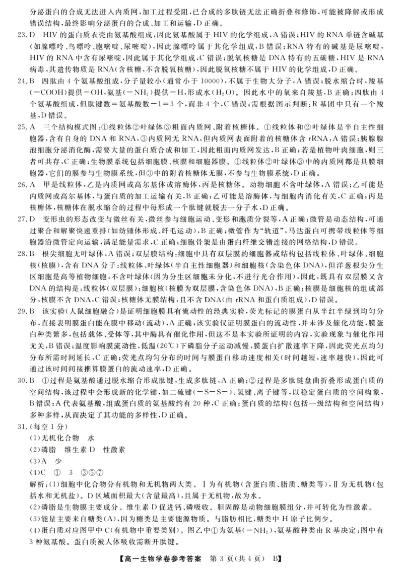 生物答案_2025年10月高一试卷_251023浙江省强基联盟2025-2026学年高一上学期10月联考B卷（全）_浙江省强基联盟2025-2026学年高一上学期10月联考B卷生物PDF版含解析