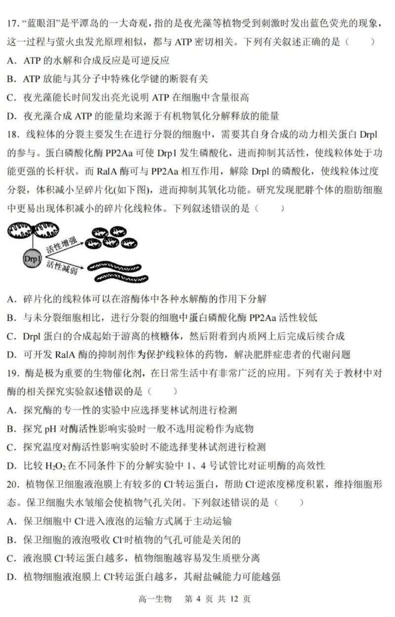 生物-黑龙江省哈三中2025-2026学年高一上学期12月月考_2025年12月高一试卷_251213黑龙江省哈三中2025-2026学年高一上学期12月月考
