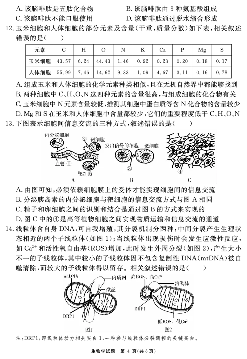 生物学试题_2025年11月高一试卷_251127安徽省2025-2026学年度&ldquo;耀正优+&rdquo;高一年级（上）期中学情检测（全）
