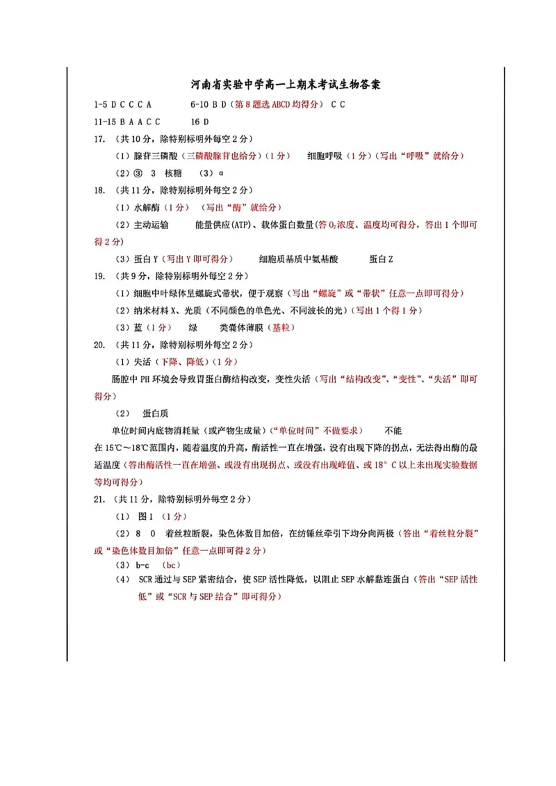 生物答案_2026年02月高一试卷_260219河南省实验中学2025-2026高一上学期期末（全）_河南省实验中学2025-2026高一上学期期末生物试题含答案