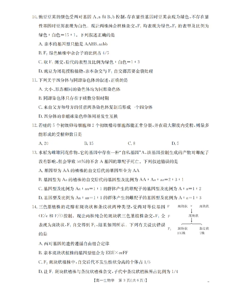 生物试题卷_2026年04月高一试卷_260426河南省南阳市金太阳联考2026年春季高一年级阶段性学情检测（全科）