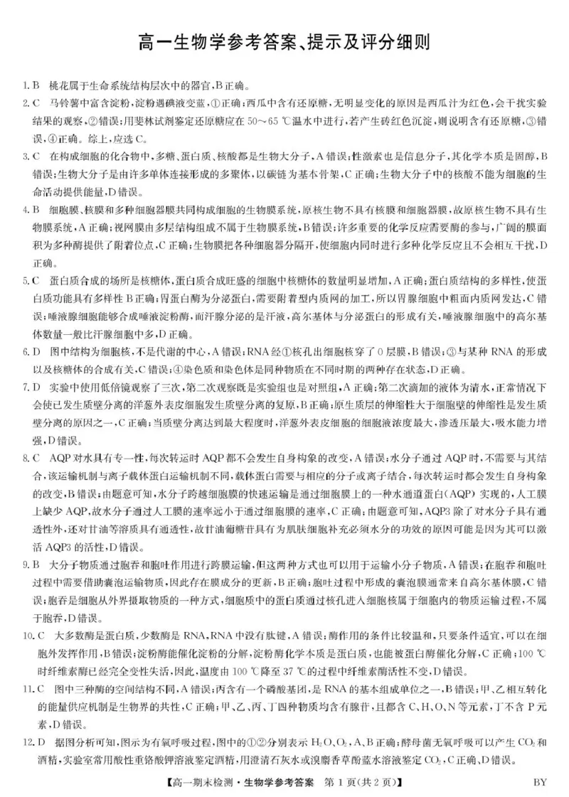 生物答案_2026年01月高一试卷_260116甘肃省白银市靖远县第一中学2025-2026学年高一上学期1月期末_甘肃省白银市靖远县第一中学2025-2026学年高一上学期期末生物学试题（图片版，含答案）