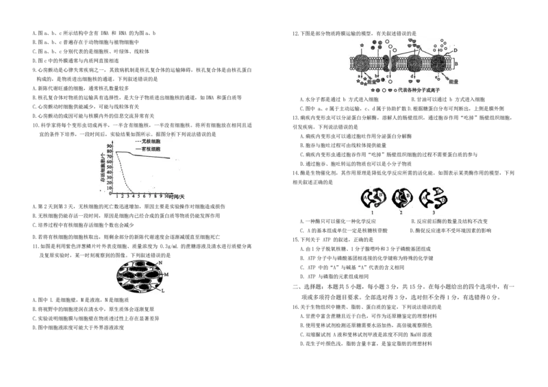 生物试题_2024年12月试卷_1207辽宁省朝阳市重点高中2024-2025学年高一12月联考_辽宁省朝阳市重点高中2024-2025学年高一上学期12月月考生物试题