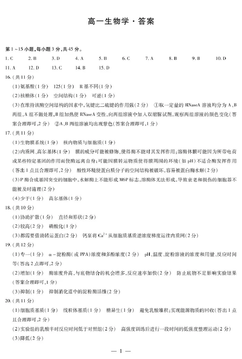 生物学-海南高一上期末简易答案_2026年01月高一试卷_260126海南省天一大联考2025-2026学年高一上学期1月期末联考_海南省部分学校2025-2026学年高一上学期1月期末生物试题（PDF版，含答案）