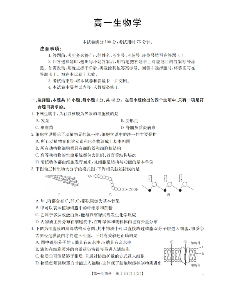 生物学_扫描版_2026年03月高一试卷_260326云南金太阳2025-2026学年高一下学期3月开学联考_云南省多校2025-2026学年高一下学期3月学情自测生物试题