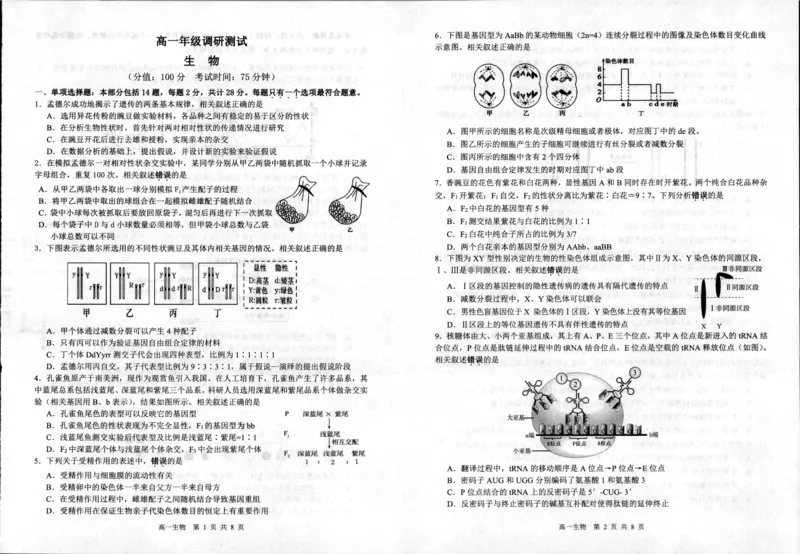 生物_2024年08月试卷_0815江苏省宿迁市2023-2024学年高一下学期期末调研测试_江苏省宿迁市2023-2024学年高一下学期6月期末生物试题_泗阳县2023-2024高一年级下学期生物试题