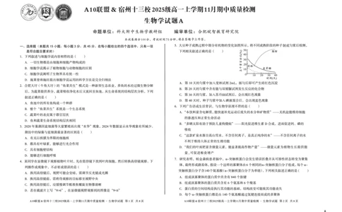 生物（A卷）A10联盟＆宿州十三校2025级高一上学期11月期中质量检测生物学A_2025年11月高一试卷_251124安徽省A10联盟＆宿州十三校2025级高一上学期11月期中质量检测（全）