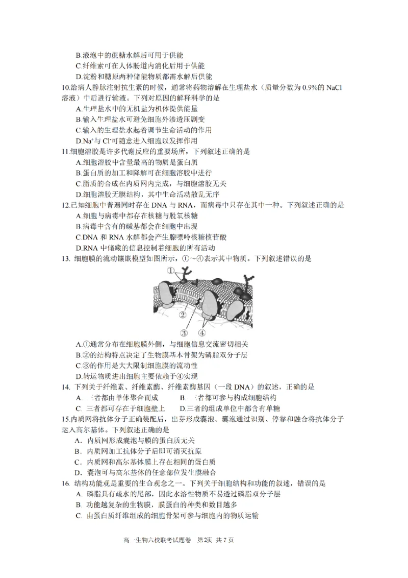 生物卷-2510高一浙江六校_2025年10月高一试卷_251013浙江省六校联盟2025-2026学年高一上学期10月月考_浙江省六校联盟2025-2026学年高一上学期10月月考生物试题（含答案）