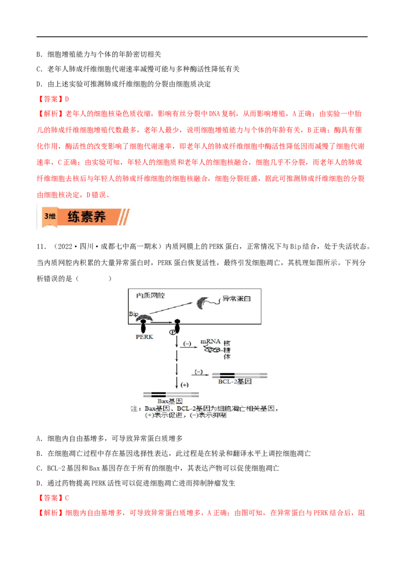第12练细胞的分化、衰老和死亡（解析版）_新高考复习资料_2023年新高考复习资料_一轮复习_2023年高考生物一轮复习小题多维练（新高考专用）