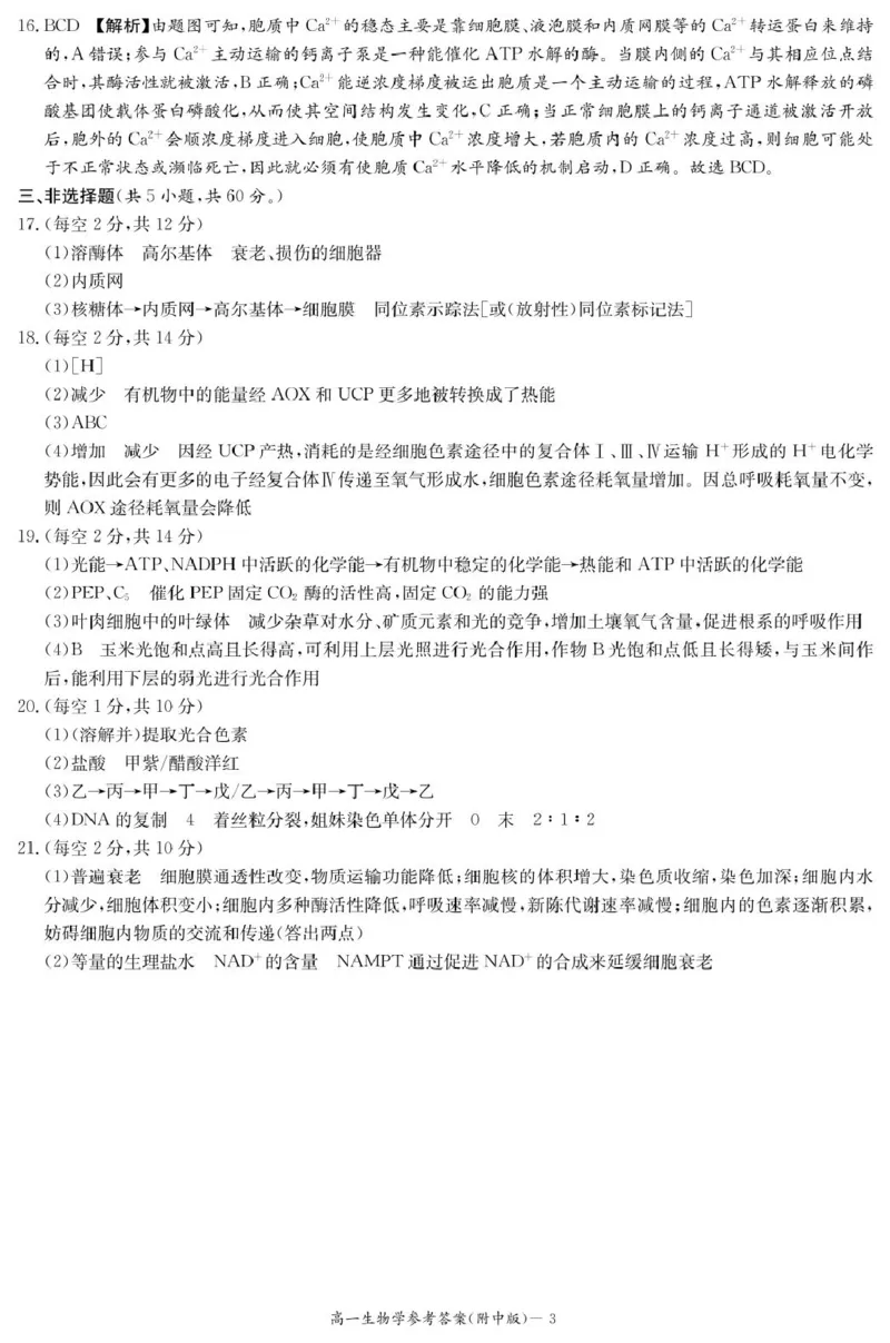 生物答案（附中高一入学2期）_2025年02月试卷_0227湖南师范大学附属中学2024-2025学年高一下学期入学考试
