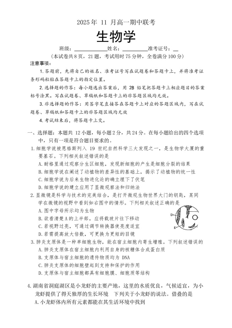 生物学试题2025年11月高一期中联考_2025年12月高一试卷_251203湖南省三新联盟联考2025-2026学年高一上学期11月期中_湖南省三新联盟联考2025-2026学年高一上学期11月期中生物试题Word版含解析