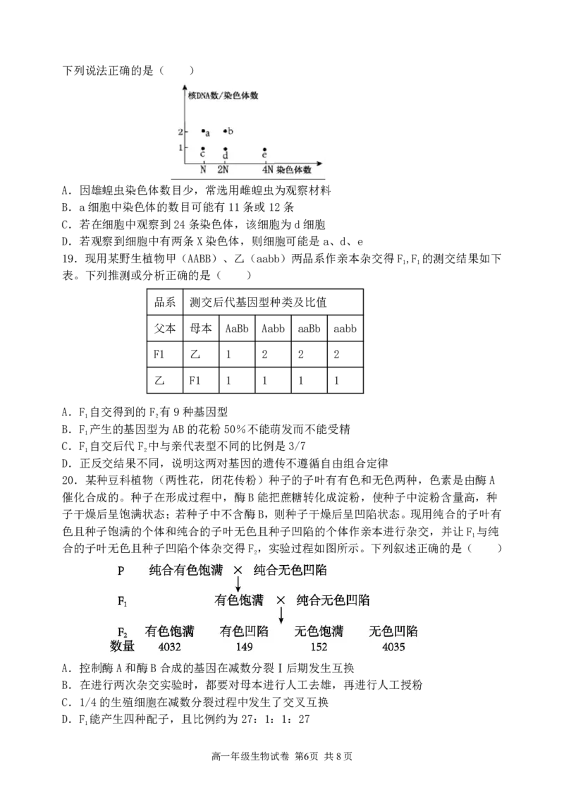 生物-东北育才高中2025-2026学年度高一下学期第一次月考_2026年04月高一试卷_260412东北育才高中2025-2026学年度高一下学期第一次月考