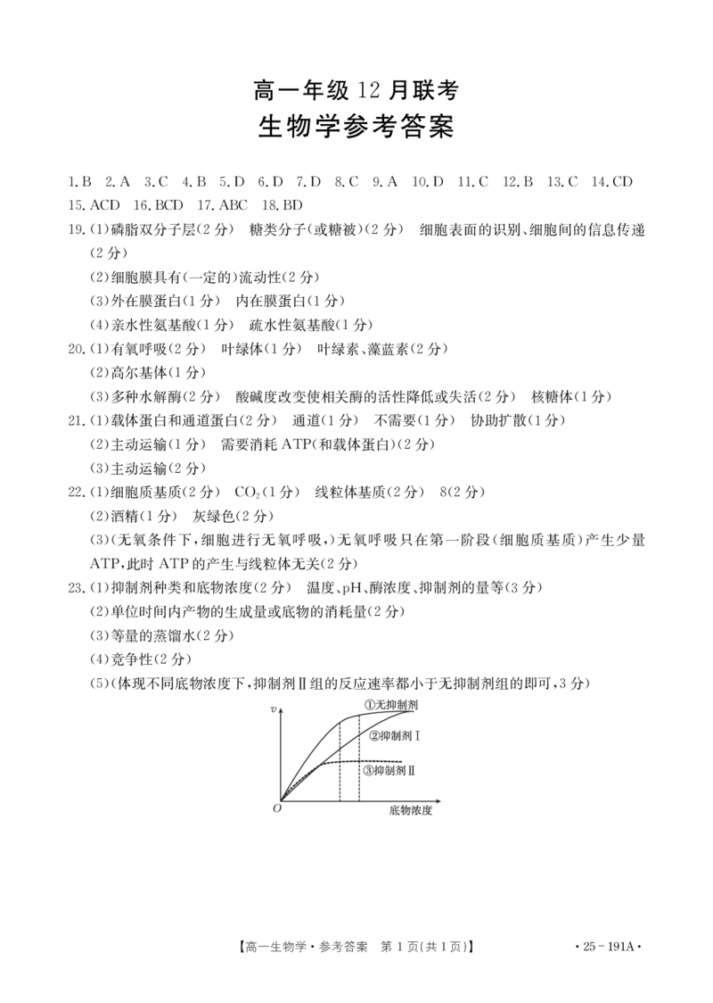 生物答案_2024年12月试卷_1219金太阳河北省百万联考2024-2025学年高一上学期12月联考_河北省百万联考2024-2025学年高一上学期12月联考生物试题