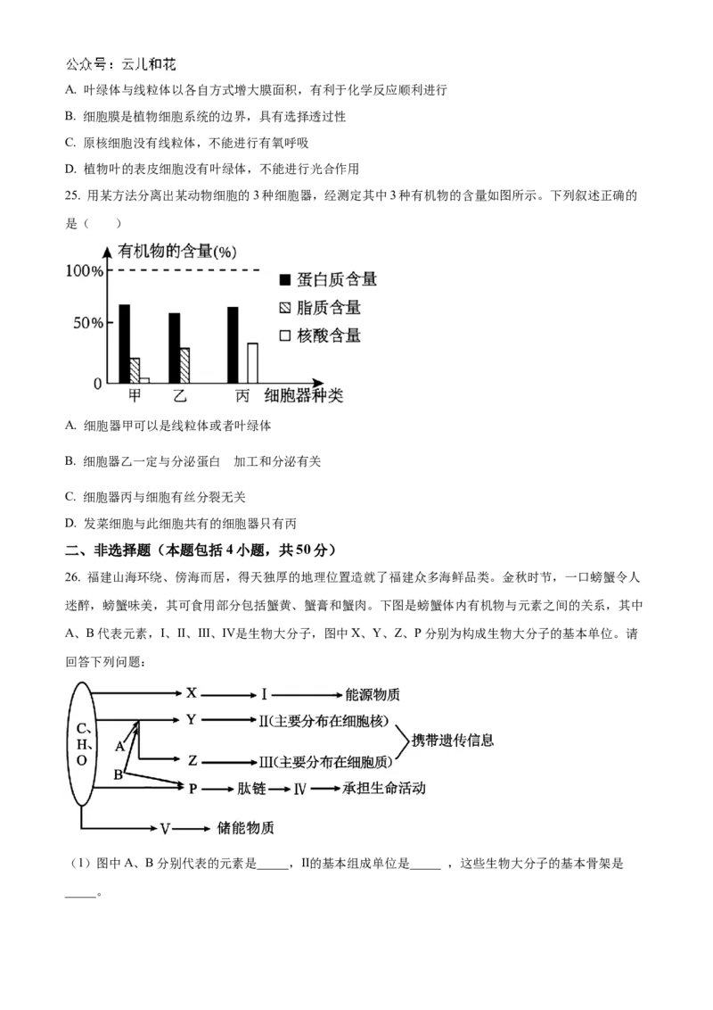 福建省福州市福9联盟校2024-2025学年高一上学期11月期中生物试题Word版无答案_2024年12月试卷_1207福建省福州市福九联盟2024-2025学年高一上学期期11月中考试