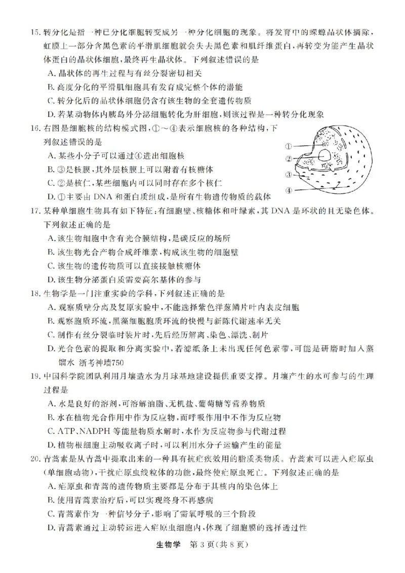 生物试卷-浙江省强基联盟2025-2026学年高一上学期12月联考_2025年12月高一试卷_251230浙江省强基联盟2025-2026学年高一上学期12月联考（全）