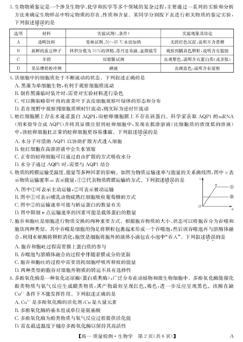 生物-高一质量检测（A）_2026年01月高一试卷_260114甘肃省白银市靖远县第一中学2025-2026学年高一上学期12月月考