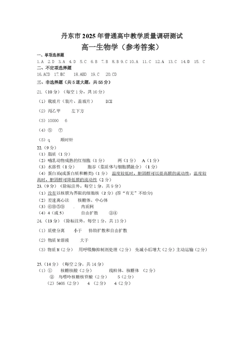生物参考答案_2025年12月高一试卷_251217辽宁省丹东市2025-2026学年高一上学期教学质量调研测试（全）_辽宁省丹东市2025-2026学年高一上学期教学质量调研测试生物试卷(图片版含答案)