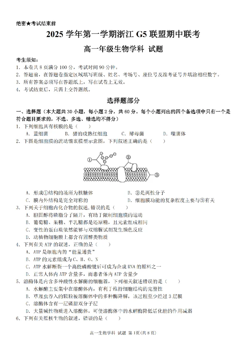 生物卷-2511高一G5联盟_2025年12月高一试卷_251208浙江省G5联盟2025-2026学年高一上学期11月期中考试（全）_浙江省G5联盟2025-2026学年高一上学期11月期中考试生物试题含答案