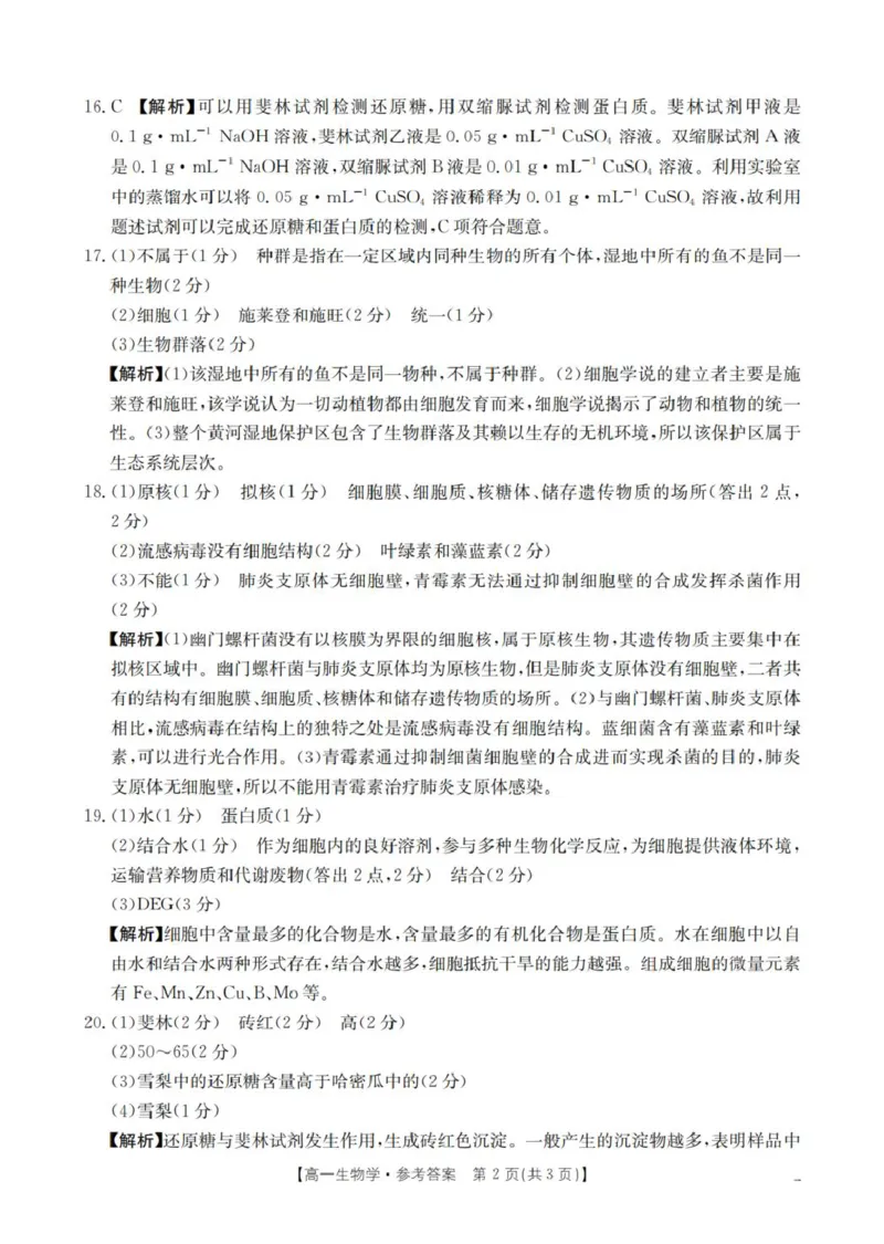 生物学答案_扫描版_2025年11月高一试卷_251102河南省南阳地区2025年秋季高一10月阶段考试卷（全）_河南省南阳地区2025-2026学年高一上学期10月阶段考试生物试题（图片版，含解析）