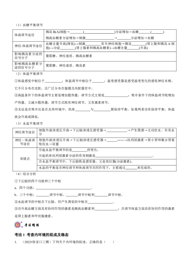 第10讲人体的稳态与免疫调节（讲练）（原卷版）_新高考复习资料_2023年新高考复习资料_二轮复习_2023年高考生物二轮复习讲练测（新教材专用）