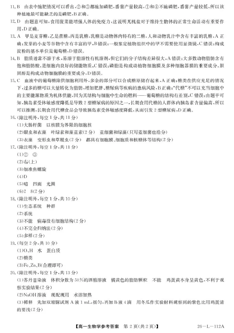 生物答案_2025年10月高一试卷_251018安徽省江淮名校2025-2026学年高一上学期阶段联考_安徽省江淮名校2025&mdash;2026学年高一上学期10月阶段联考生物试题（扫描版，有答案）