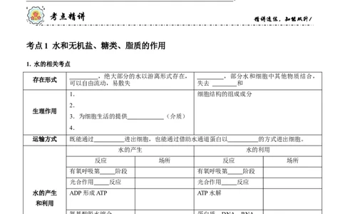 第1讲组成细胞的元素和化合物（讲练）（原卷版）_新高考复习资料_2023年新高考复习资料_二轮复习_2023年高考生物二轮复习讲练测（新教材专用）