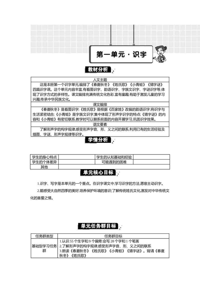 第一单元单元分析_部编人教版1年级下册语文_（赠送）新版-2025年2月一年级下册语文资料(课件+教案)(赠送资料-不需要就不下载)_1.第一单元
